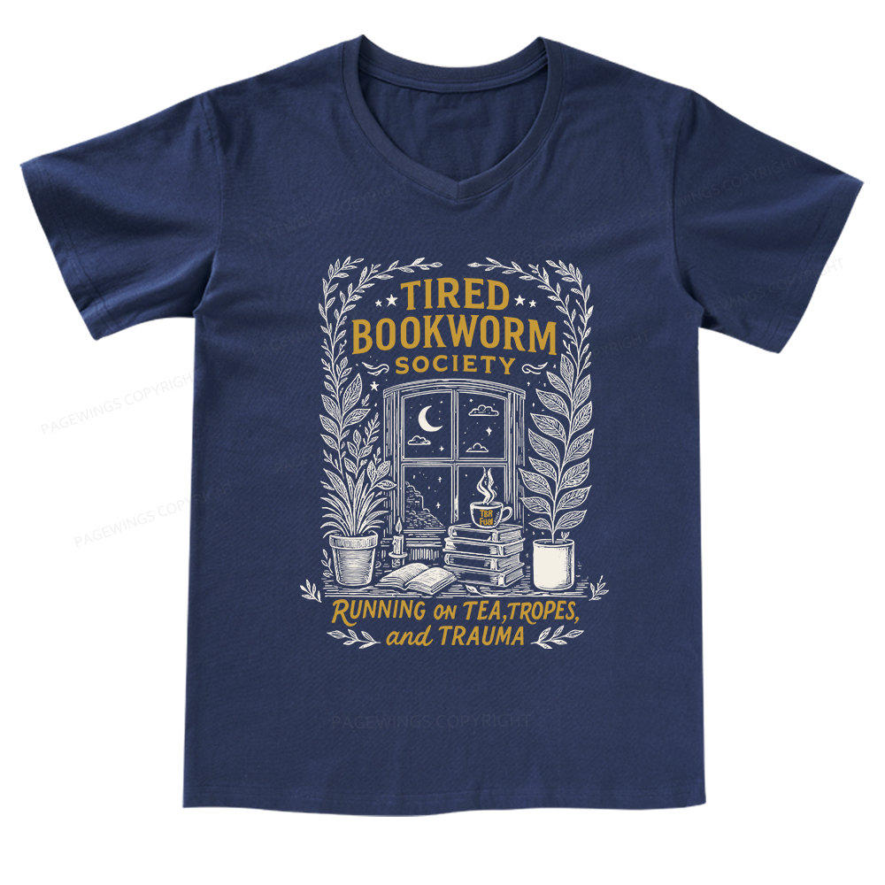 Pagewings Tired Bookworm Society V-neck T-shirt