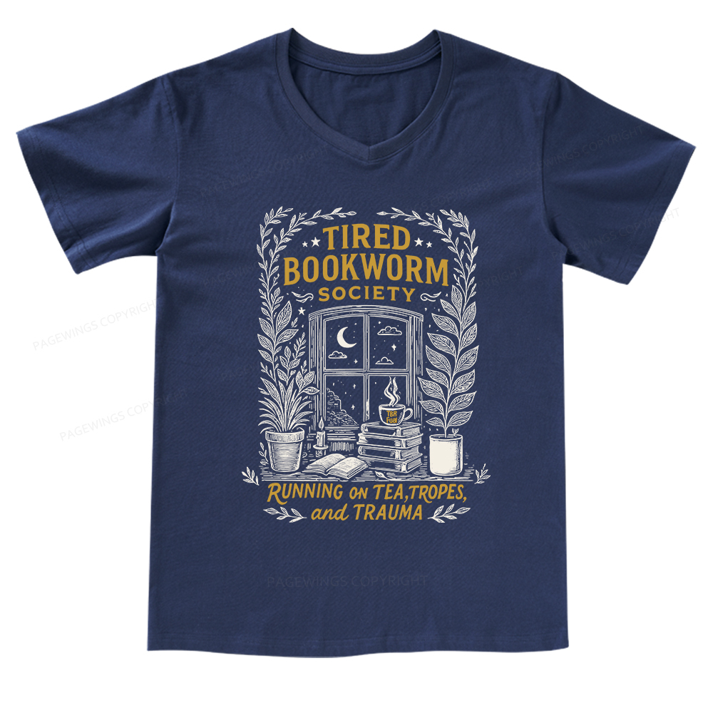 Pagewings Tired Bookworm Society V-neck T-shirt