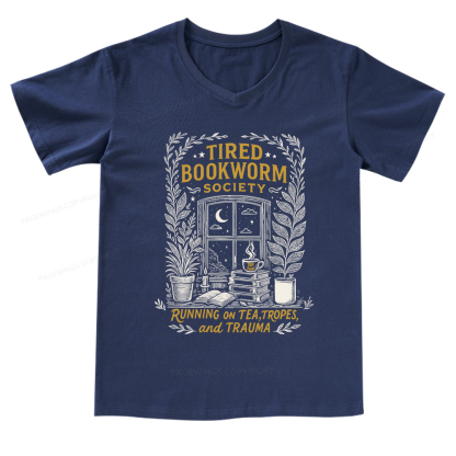 Pagewings Tired Bookworm Society V-neck T-shirt