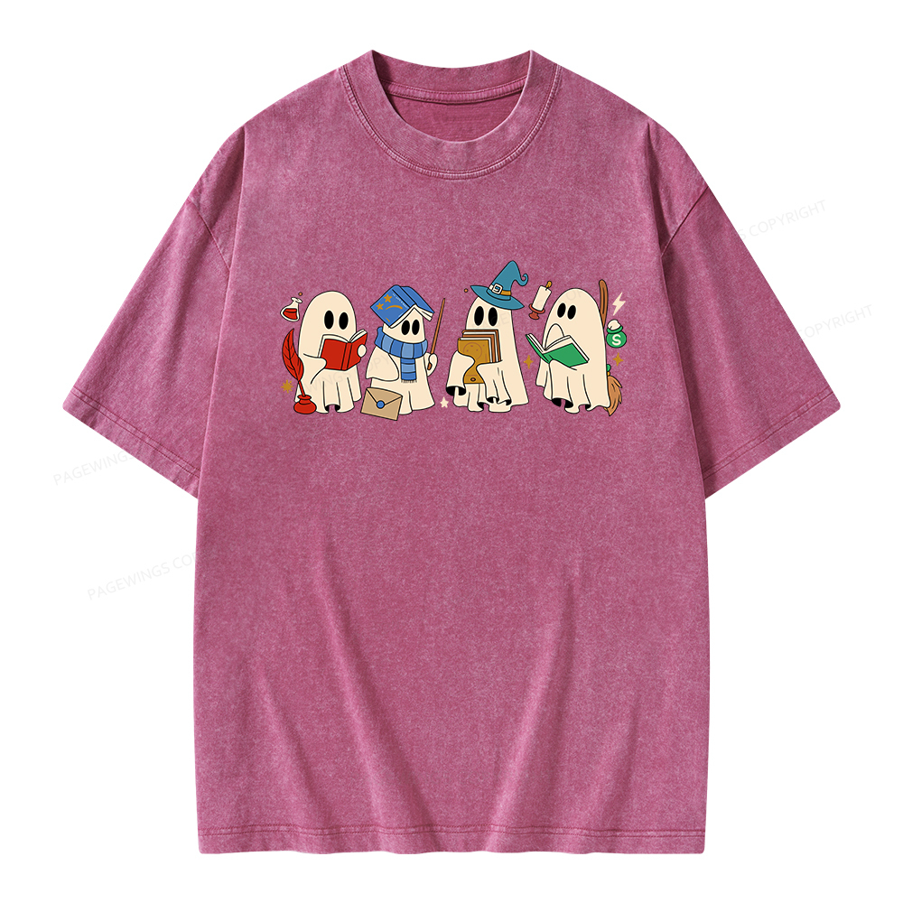 Pagewings Halloween Ghosts Reading Book Unisex Washed T-shirt