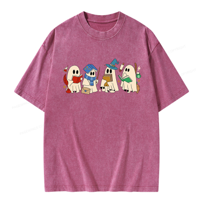 Pagewings Halloween Ghosts Reading Book Unisex Washed T-shirt