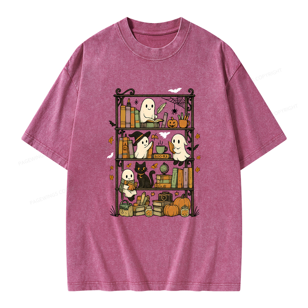Pagewings Retro Halloween Bookshelf Unisex Washed T-shirt