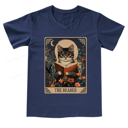 Pagewings The Reader Tarot Card Cat V-neck T-shirt