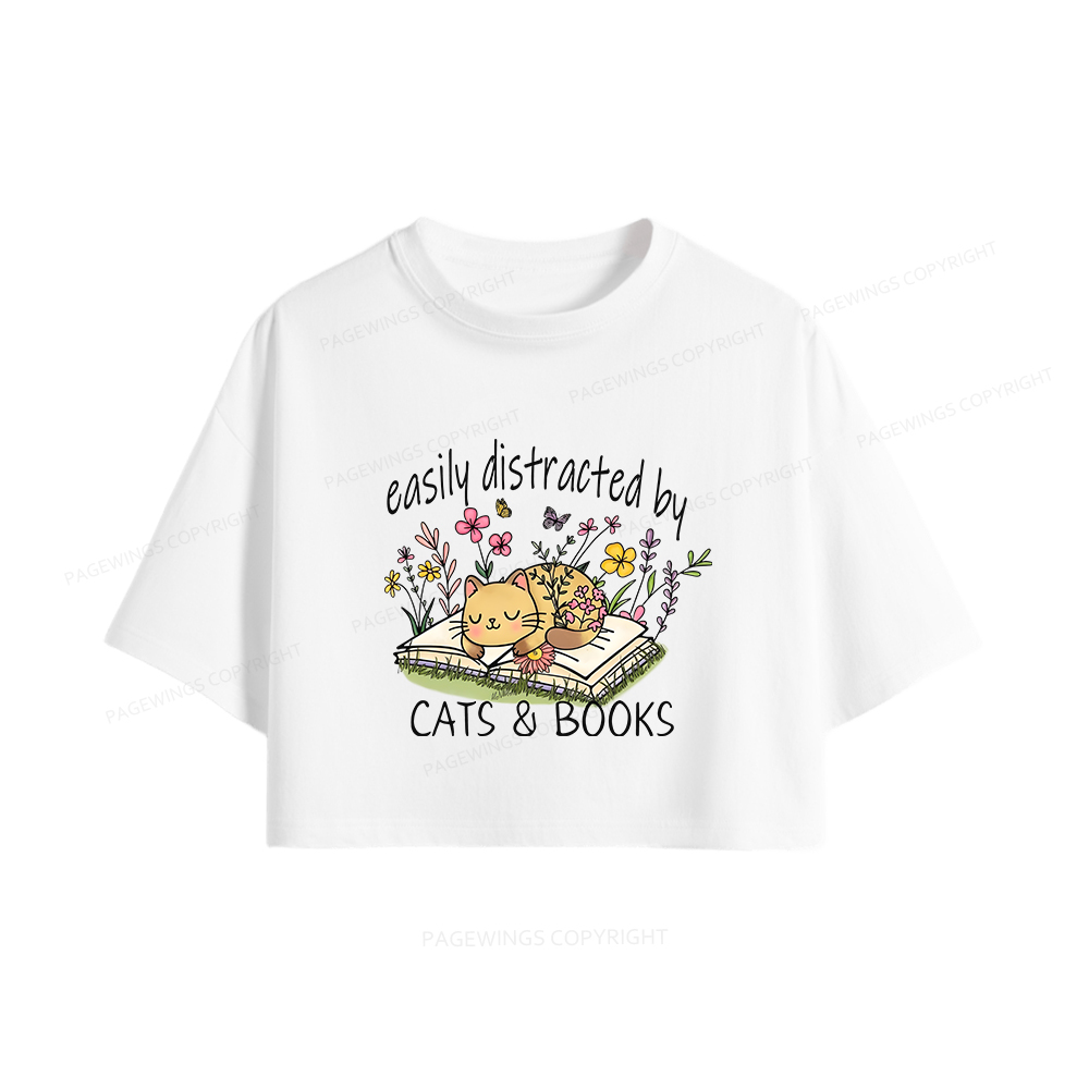 Pagewings Easily Distracted By Cats And Books Women Crop Tops