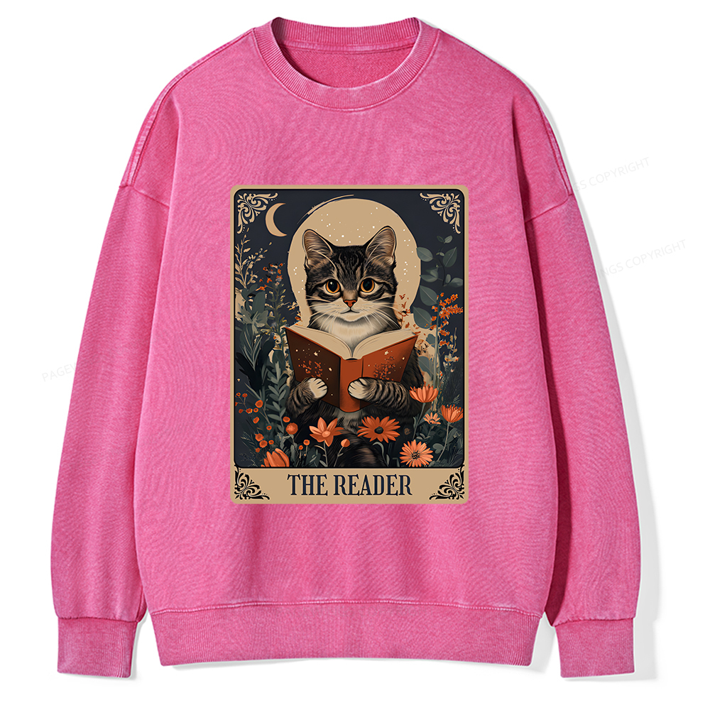 Pagewings The Reader Tarot Card Cat Unisex Washed Sweatshirt