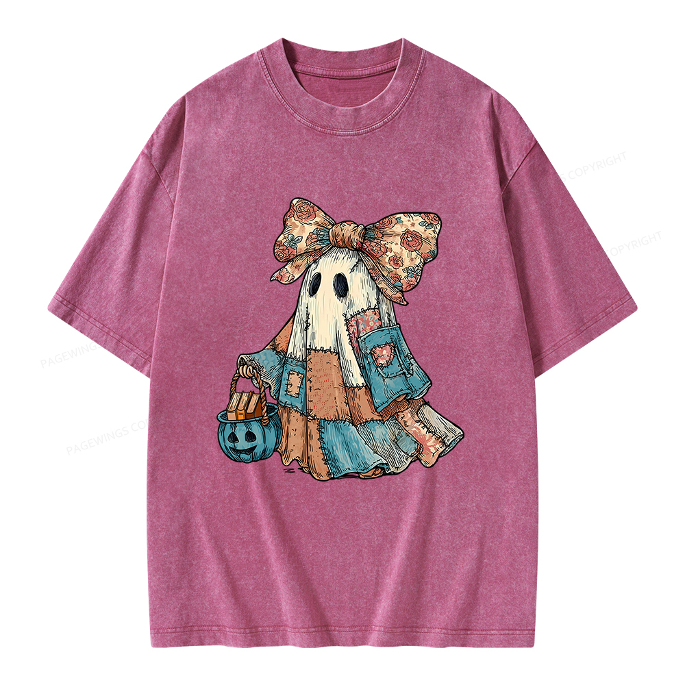 Pagewings Halloween Patchwork Spooky Ghost Buy Books Unisex Washed T-shirt