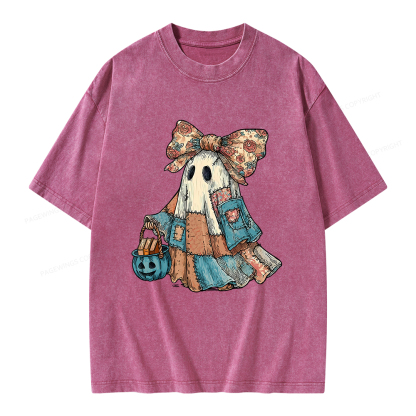 Pagewings Halloween Patchwork Spooky Ghost Buy Books Unisex Washed T-shirt