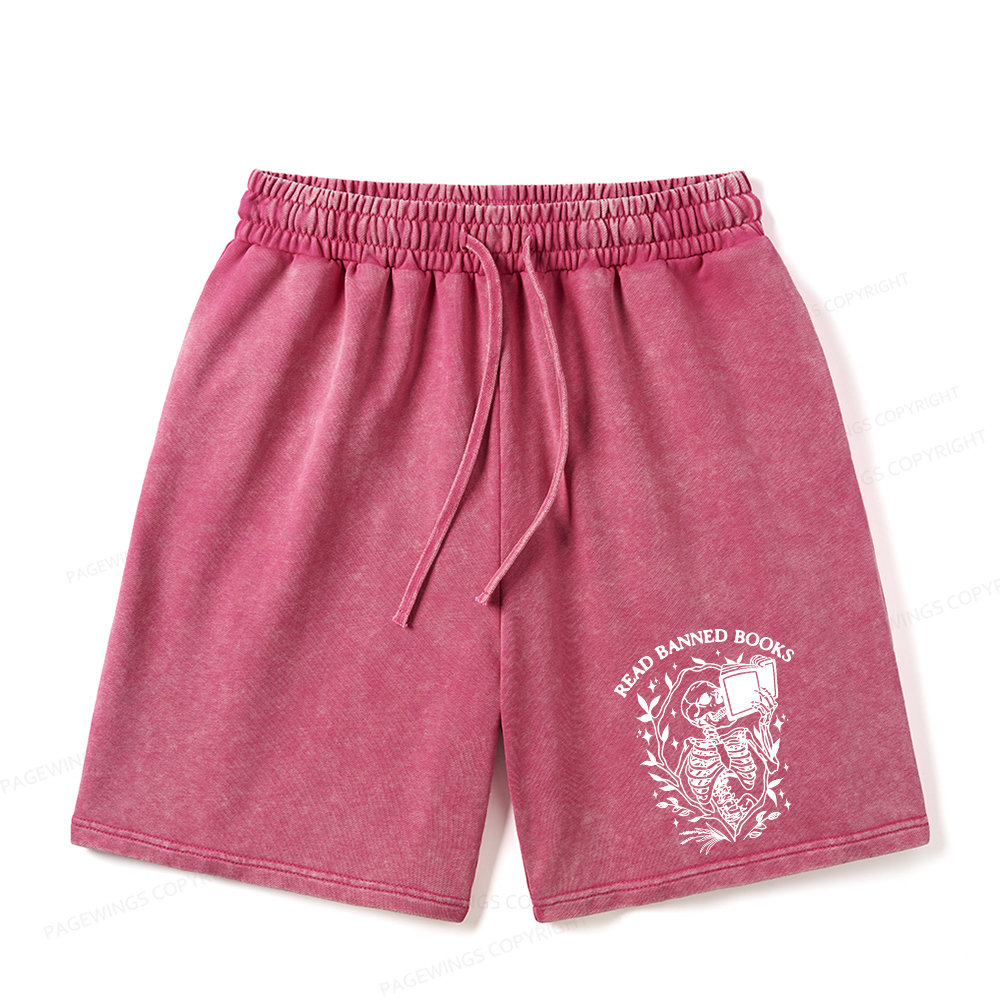 Pagewings Read Banned Books Skeleton Halloween Unisex Washed Shorts