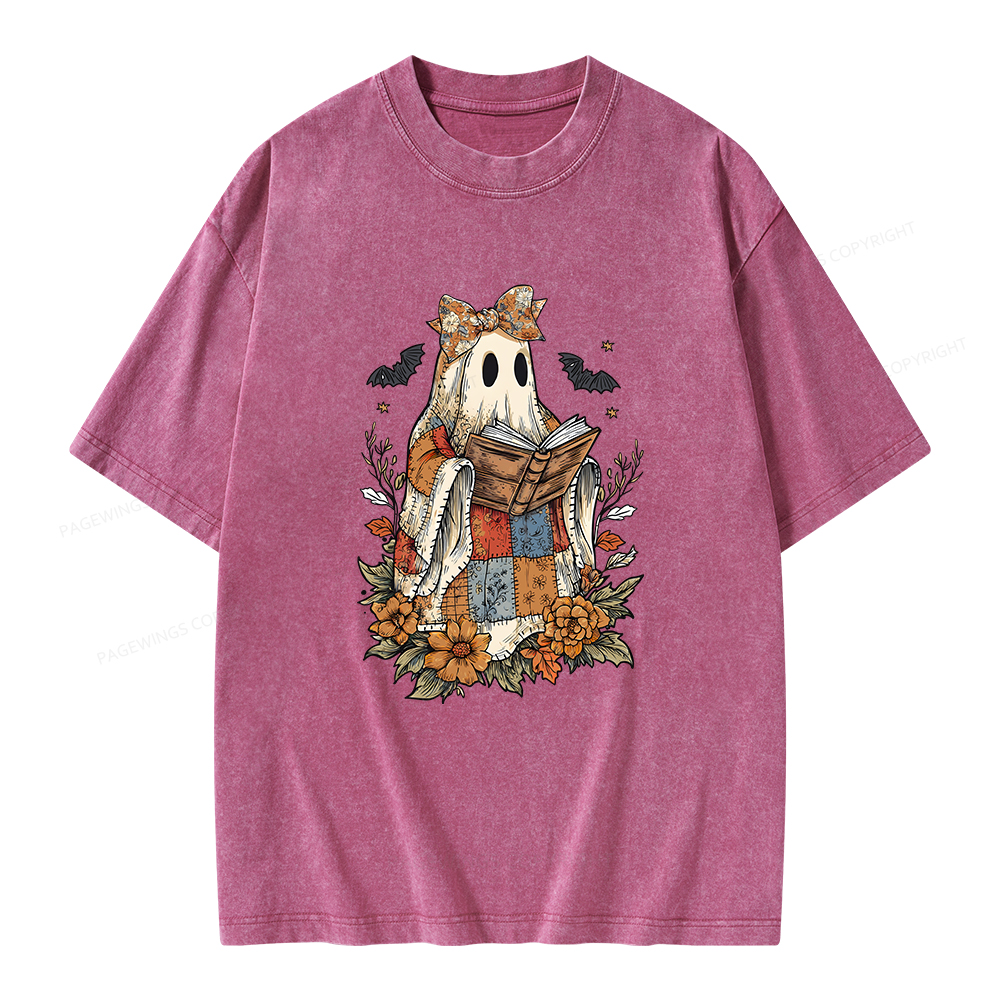Pagewings Patchwork Ghost Reading Books Unisex Washed T-shirt