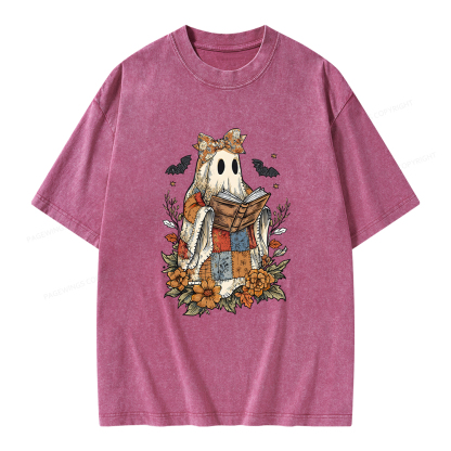 Pagewings Patchwork Ghost Reading Books Unisex Washed T-shirt