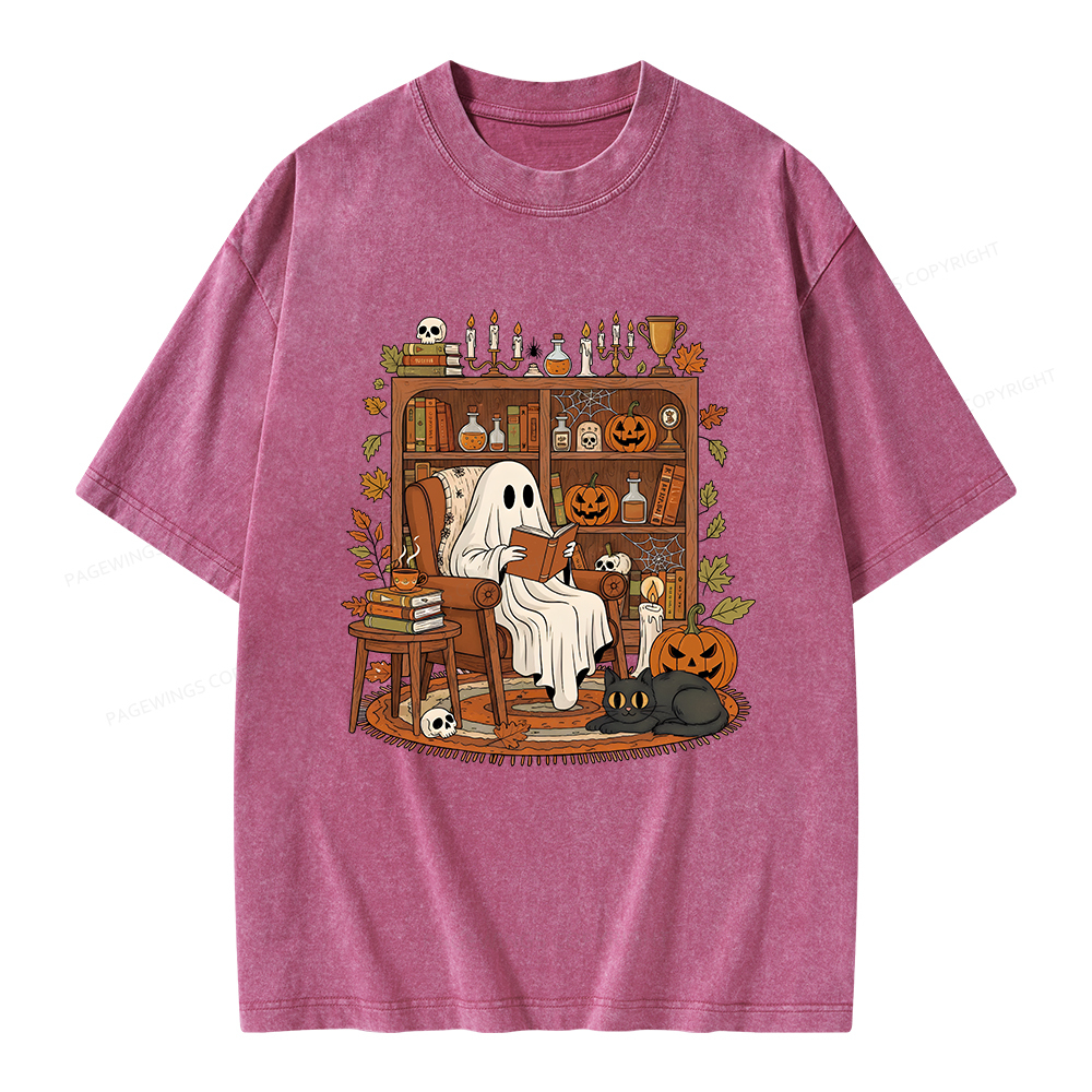 Pagewings Cozy Ghost Reading Halloween Unisex Washed T-shirt