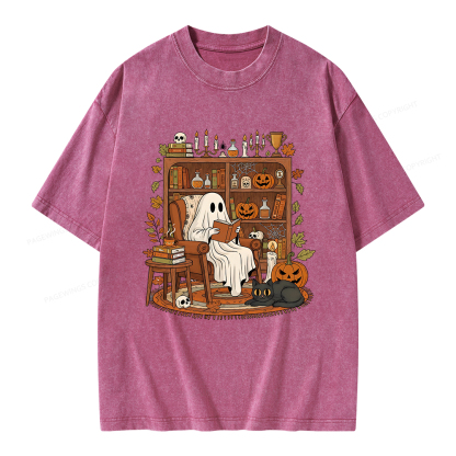 Pagewings Cozy Ghost Reading Halloween Unisex Washed T-shirt
