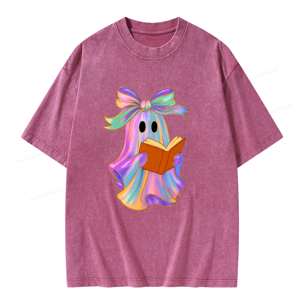 Pagewings Ghost Reading Halloween Unisex Washed T-shirt