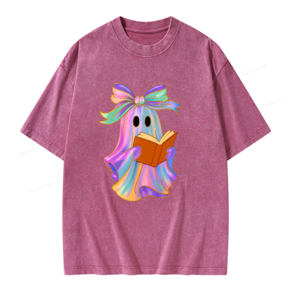 Pagewings Ghost Reading Halloween Unisex Washed T-shirt