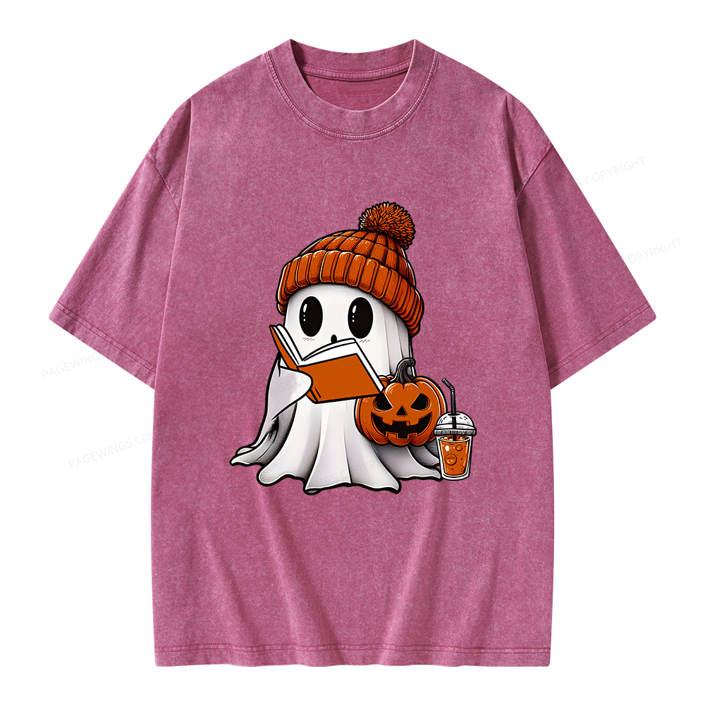 Pagewings Halloween Ghost Book Lover Unisex Washed T-shirt