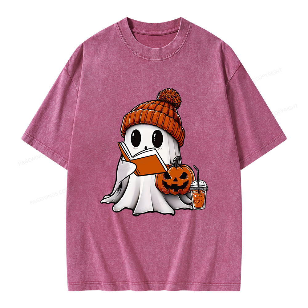 Pagewings Halloween Ghost Book Lover Unisex Washed T-shirt