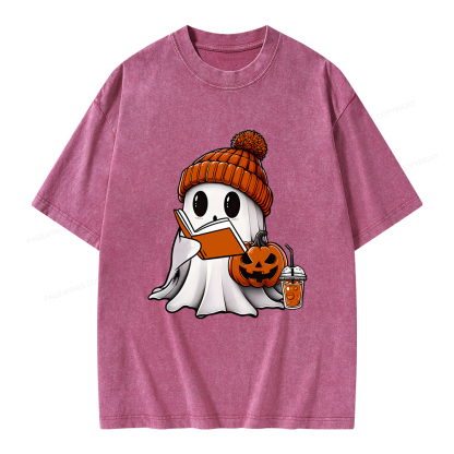 Pagewings Halloween Ghost Book Lover Unisex Washed T-shirt