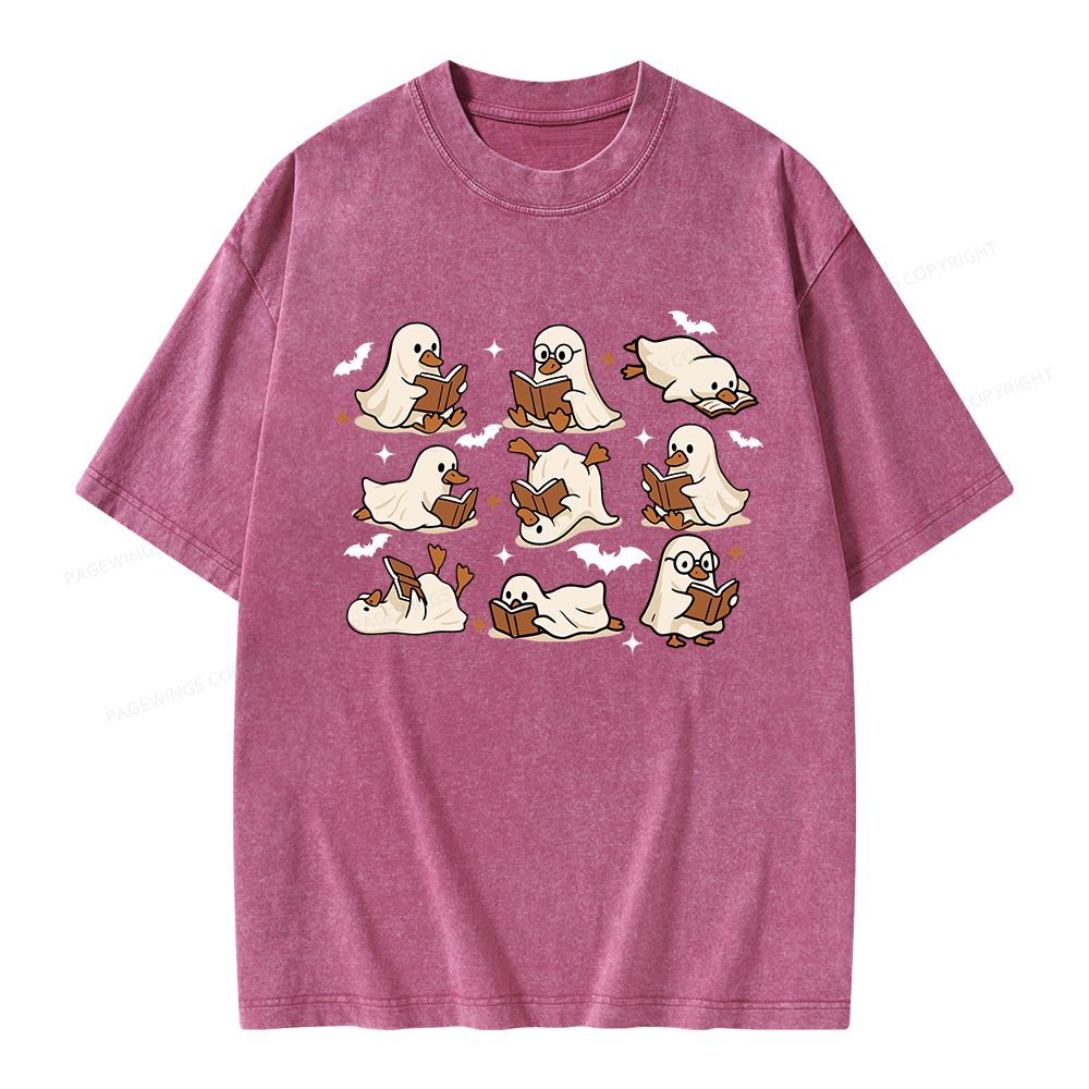 Pagewings Ghost Duck Reading Books Unisex Washed T-shirt