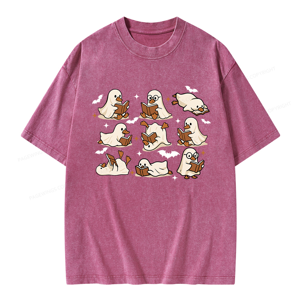 Pagewings Ghost Duck Reading Books Unisex Washed T-shirt