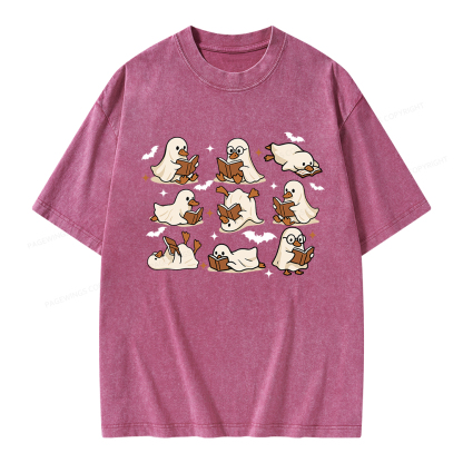 Pagewings Ghost Duck Reading Books Unisex Washed T-shirt