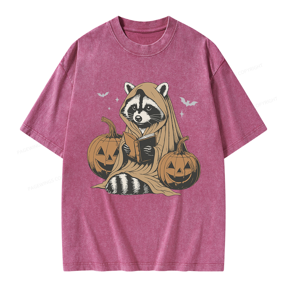 Pagewings Halloween Cute Raccoon Ghost Reading Unisex Washed T-shirt
