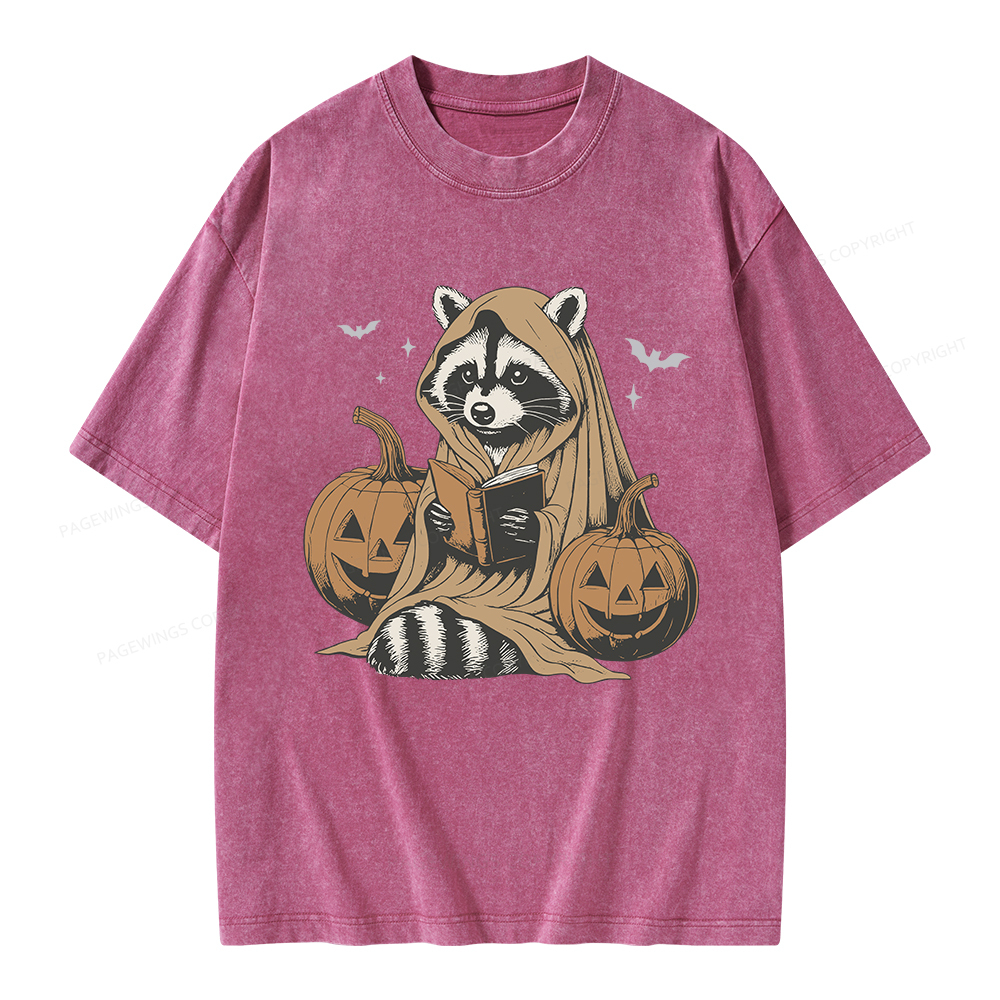 Pagewings Halloween Cute Raccoon Ghost Reading Unisex Washed T-shirt