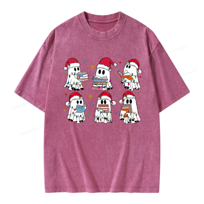 Pagewings Christmas Book Ghost Unisex Washed T-shirt