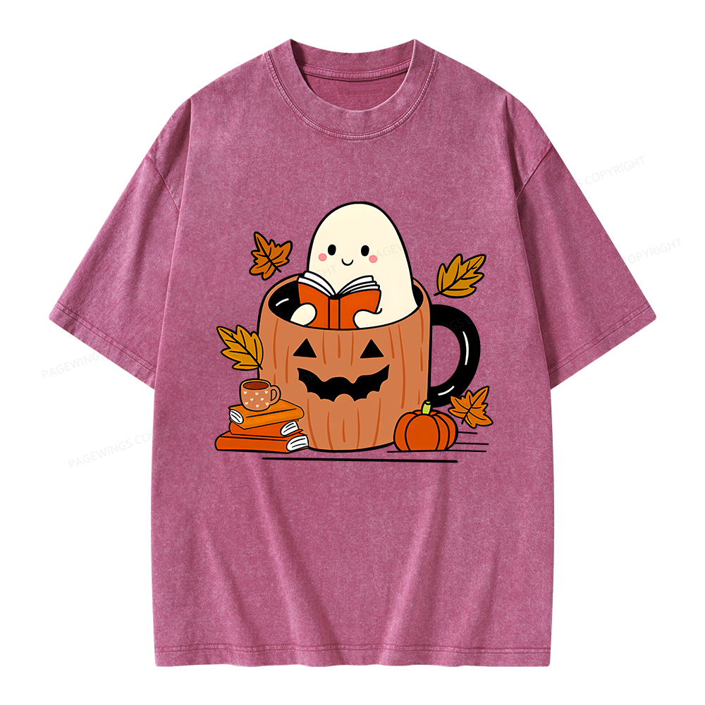 Pagewings Ghost Reading Books Unisex Washed T-shirt