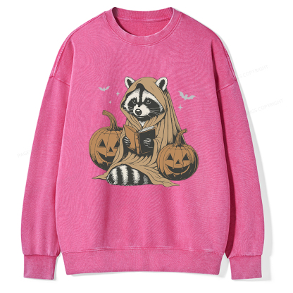 Pagewings Halloween Cute Raccoon Ghost Reading Unisex Washed Sweatshirt