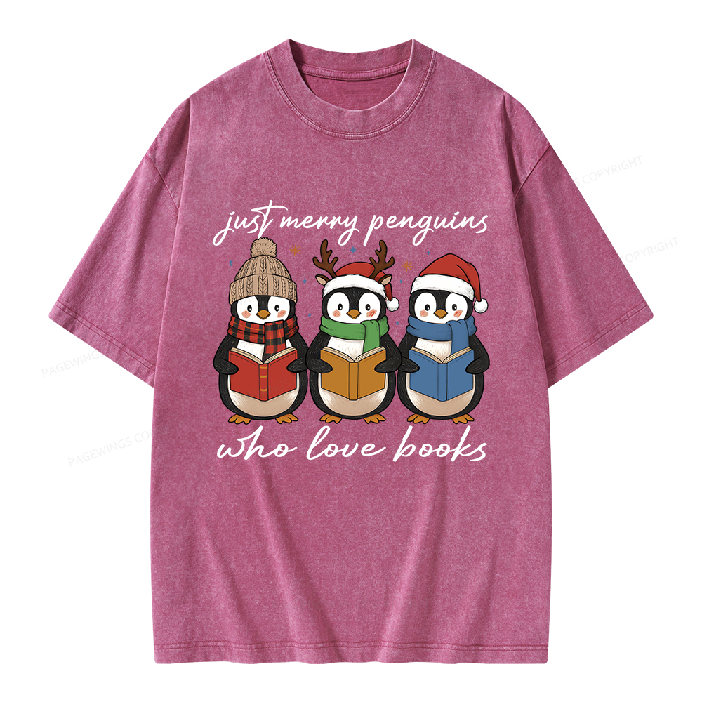 Pagewings Just Merry Penguins Who Love Books Unisex Washed T-shirt