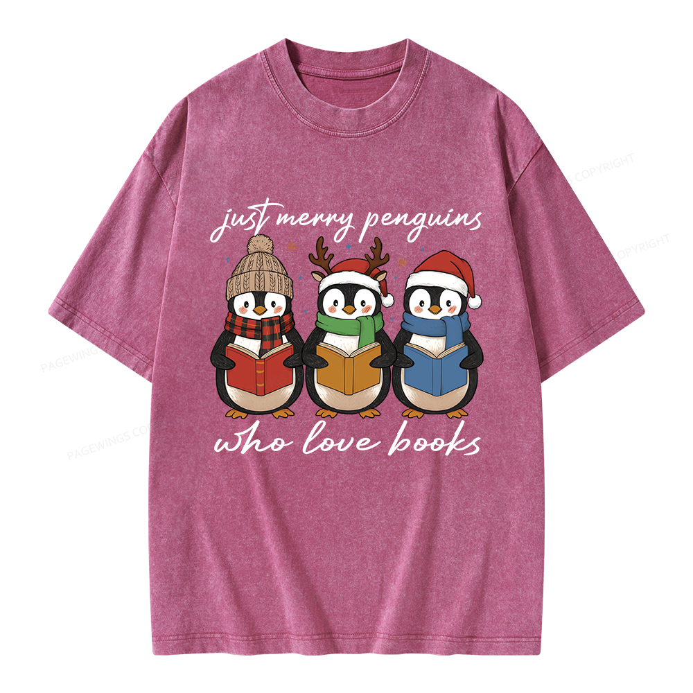 Pagewings Just Merry Penguins Who Love Books Unisex Washed T-shirt