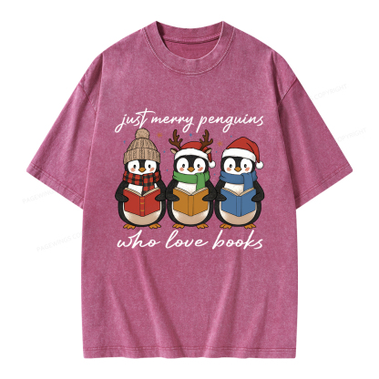 Pagewings Just Merry Penguins Who Love Books Unisex Washed T-shirt