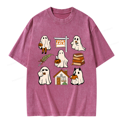 Pagewings Halloween Ghosts Going To Buy Books Unisex Washed T-shirt