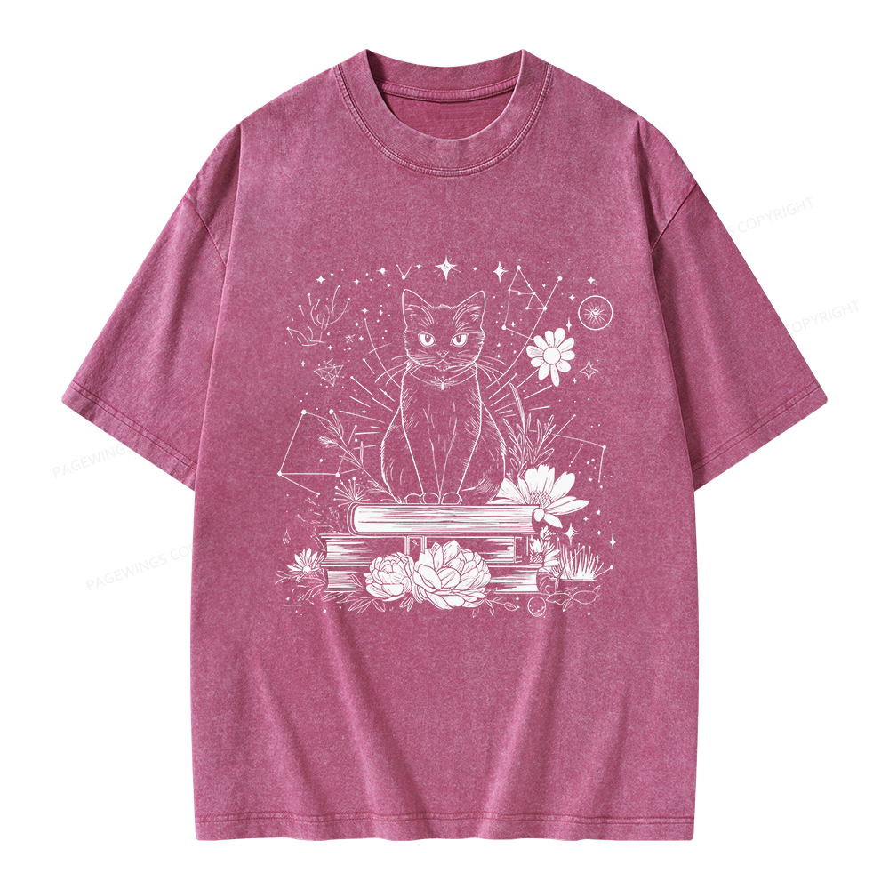 Pagewings Black Cat Book Lover Unisex Washed T-shirt