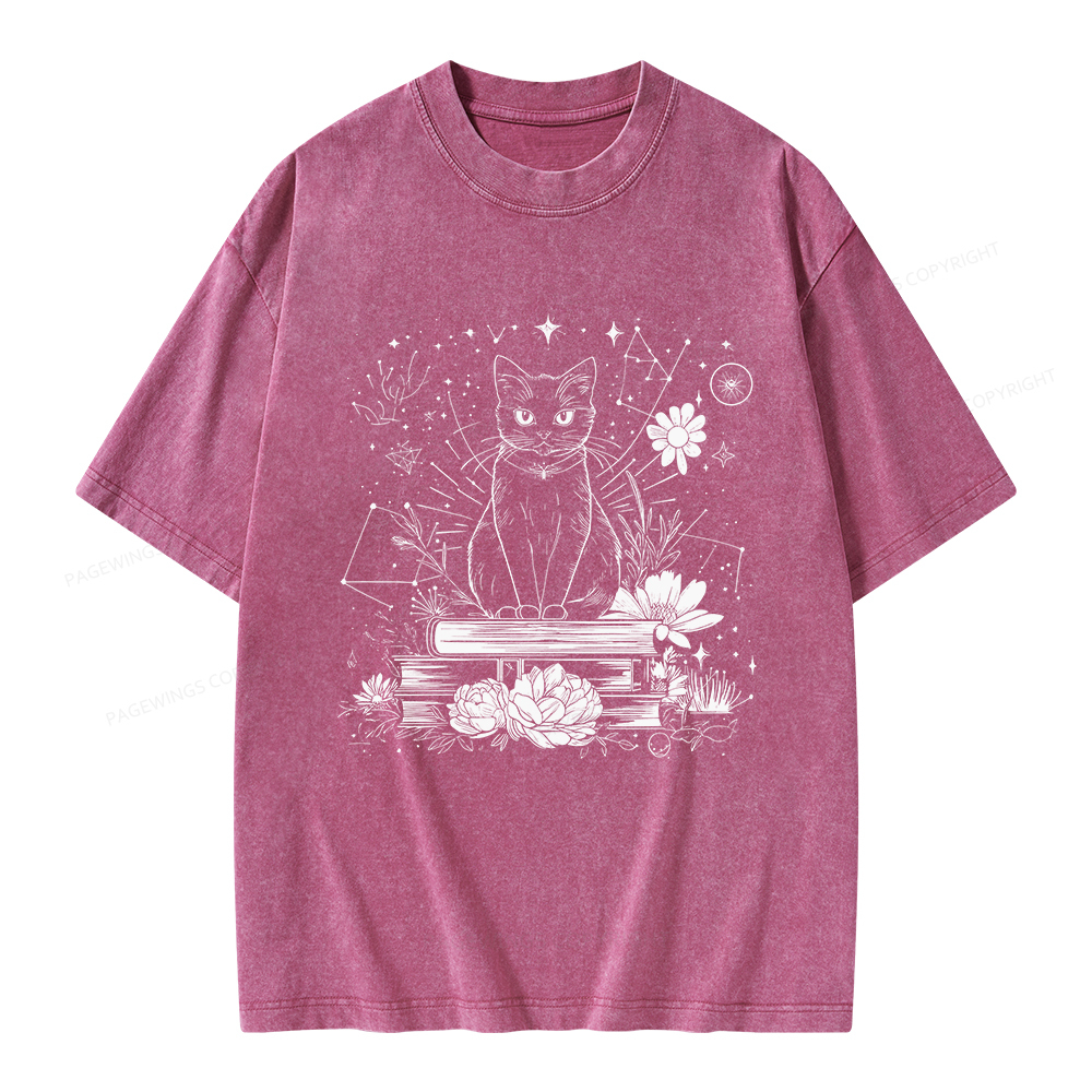 Pagewings Black Cat Book Lover Unisex Washed T-shirt
