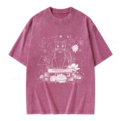 Pagewings Black Cat Book Lover Unisex Washed T-shirt
