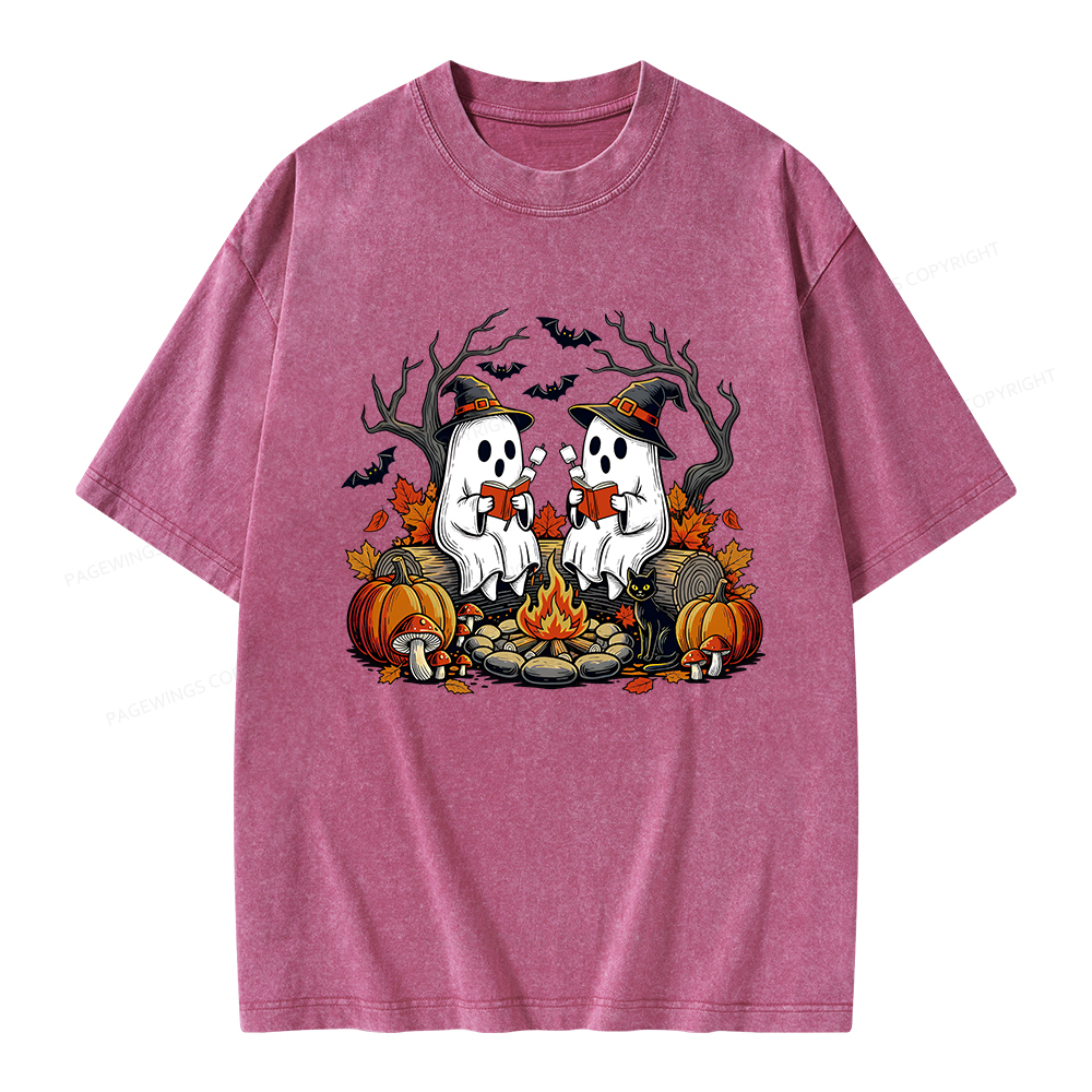 Pagewings Bookish Ghost Halloween Fall Camping  Unisex Washed T-shirt