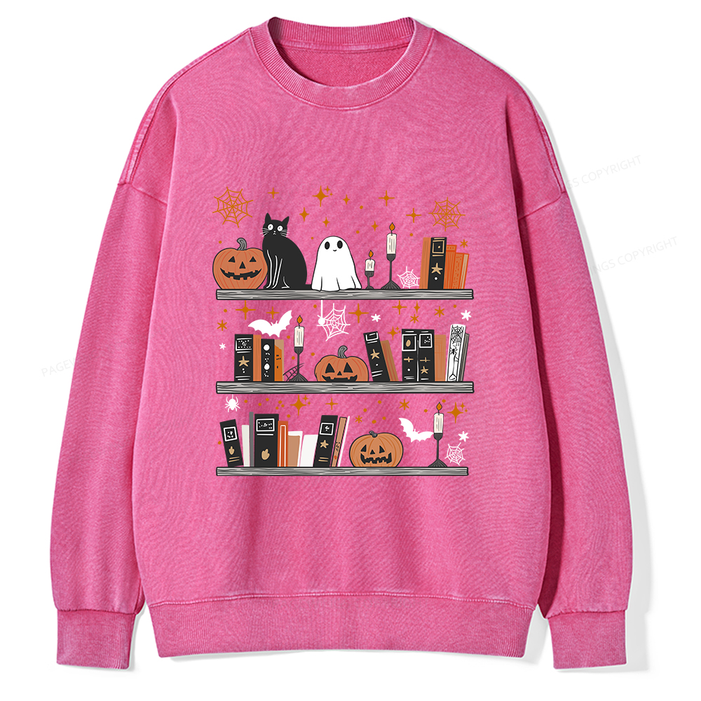 Pagewings Halloween Book Shelf Summerween Unisex Washed Sweatshirt