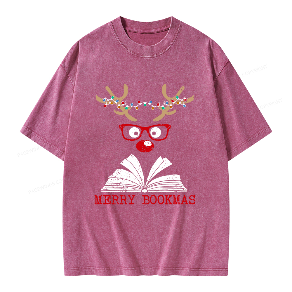 Pagewings Christmas Reindeer Reading Unisex Washed T-shirt