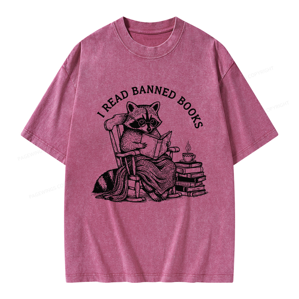 Pagewings I Read Banned Books Raccoon Reading Unisex Washed T-shirt