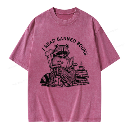 Pagewings I Read Banned Books Raccoon Reading Unisex Washed T-shirt