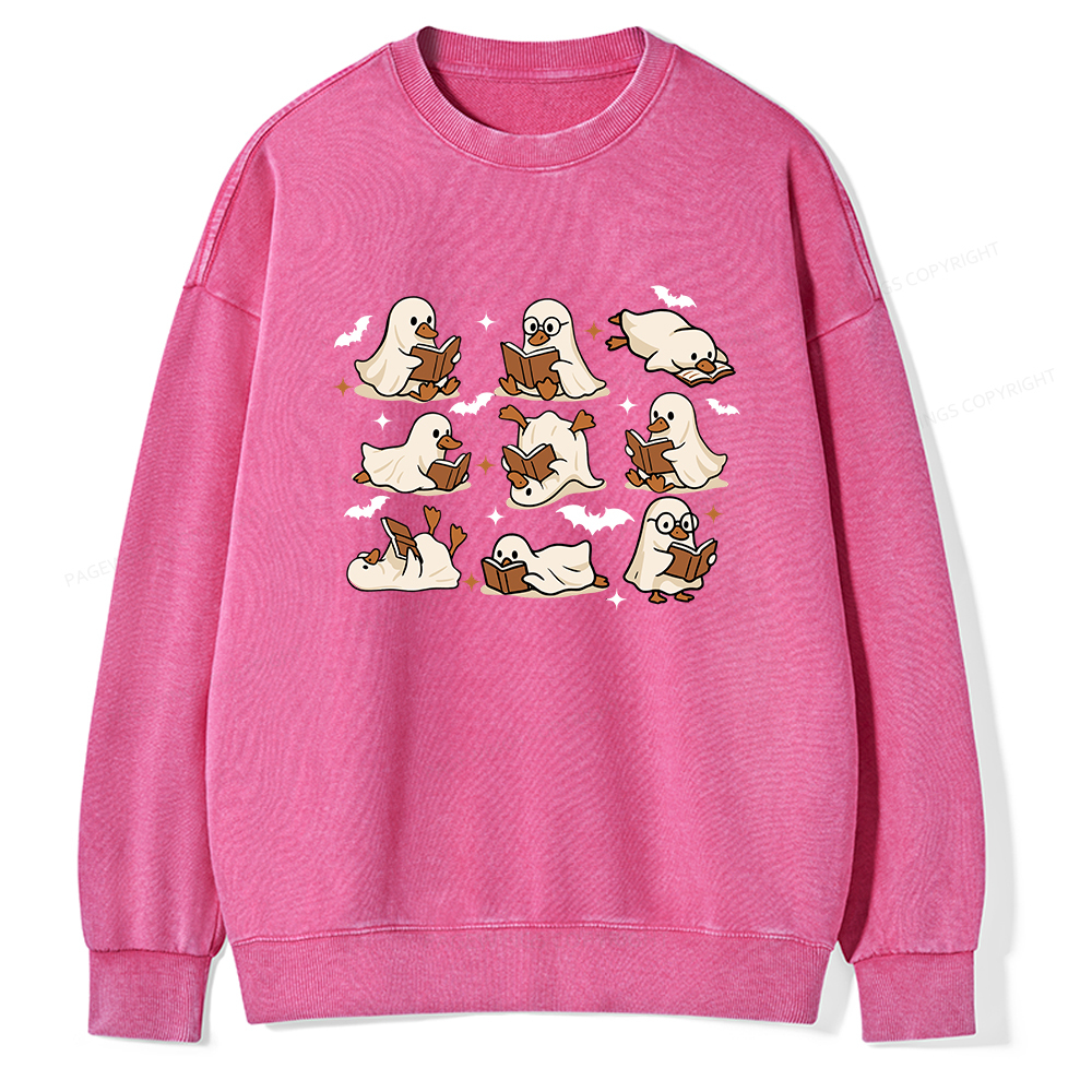 Pagewings Ghost Duck Reading Books Unisex Washed Sweatshirt