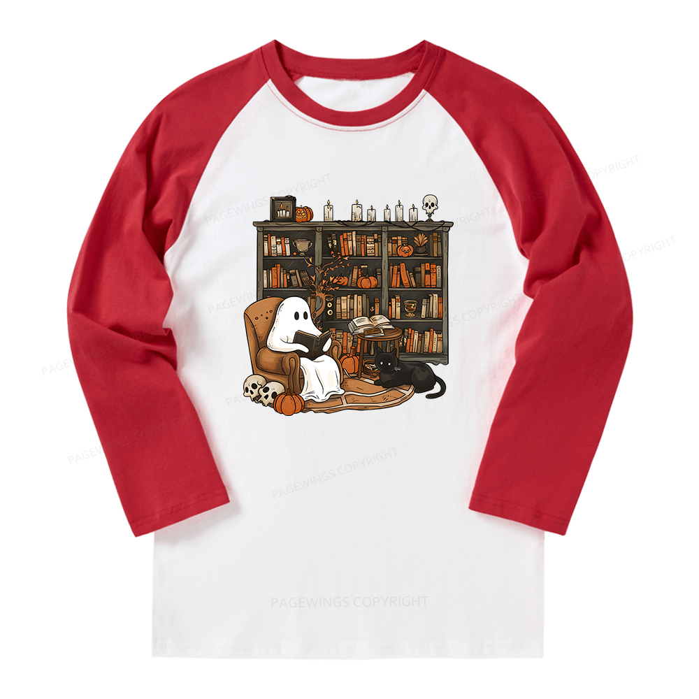 Pagewings Halloween Ghost Reading Books Long Sleeve Raglan T-shirt