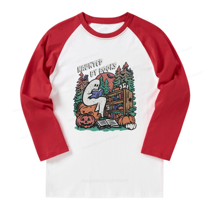Pagewings Ghost Reading Book Halloween Long Sleeve Raglan T-shirt