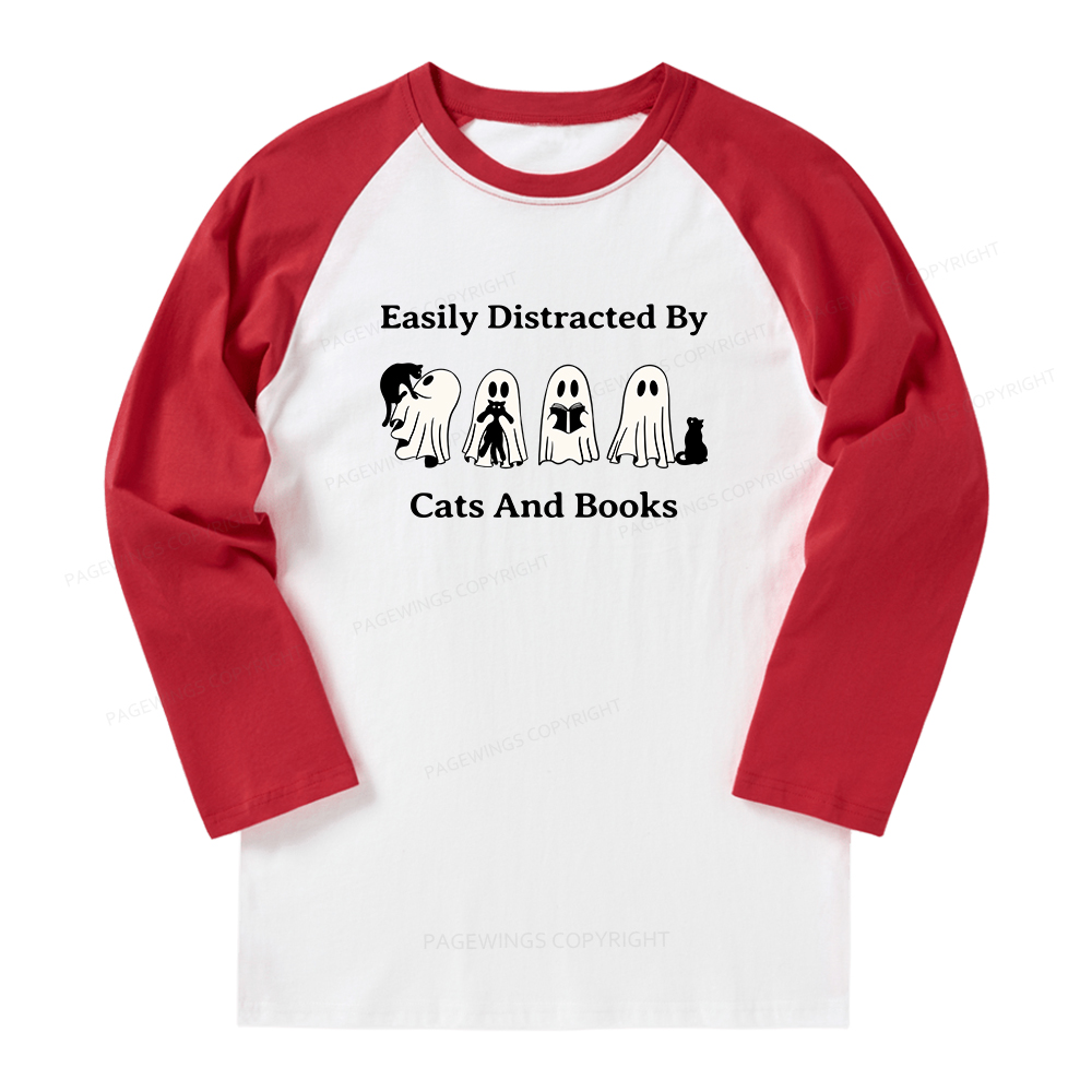 Pagewings Easily Distracted By Cats And Books Long Sleeve Raglan T-shirt