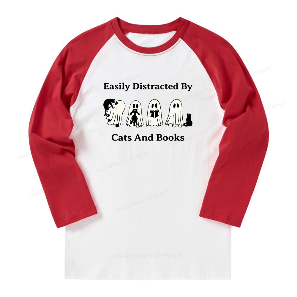 Pagewings Easily Distracted By Cats And Books Long Sleeve Raglan T-shirt