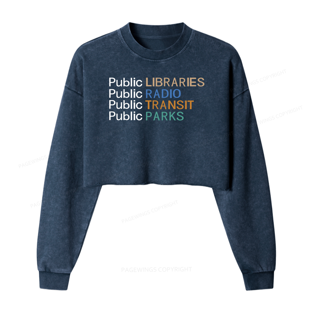 Pagewings Public Libraries Radio Transit Parks Women Washed Crop Sweatshirt