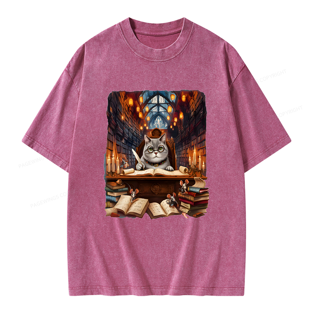 Pagewings Cat Books Unisex Washed T-shirt