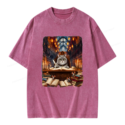 Pagewings Cat Books Unisex Washed T-shirt
