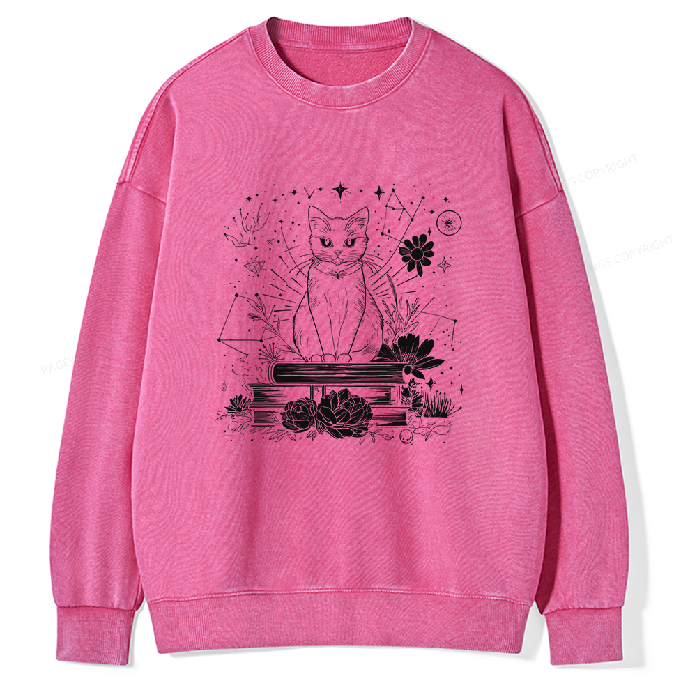 Pagewings Black Cat Book Lover Unisex Washed Sweatshirt